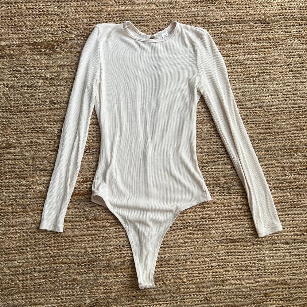 American Apparel Open Back Keyhole Thong Ribbed Bodysuit in Cream Small Medium